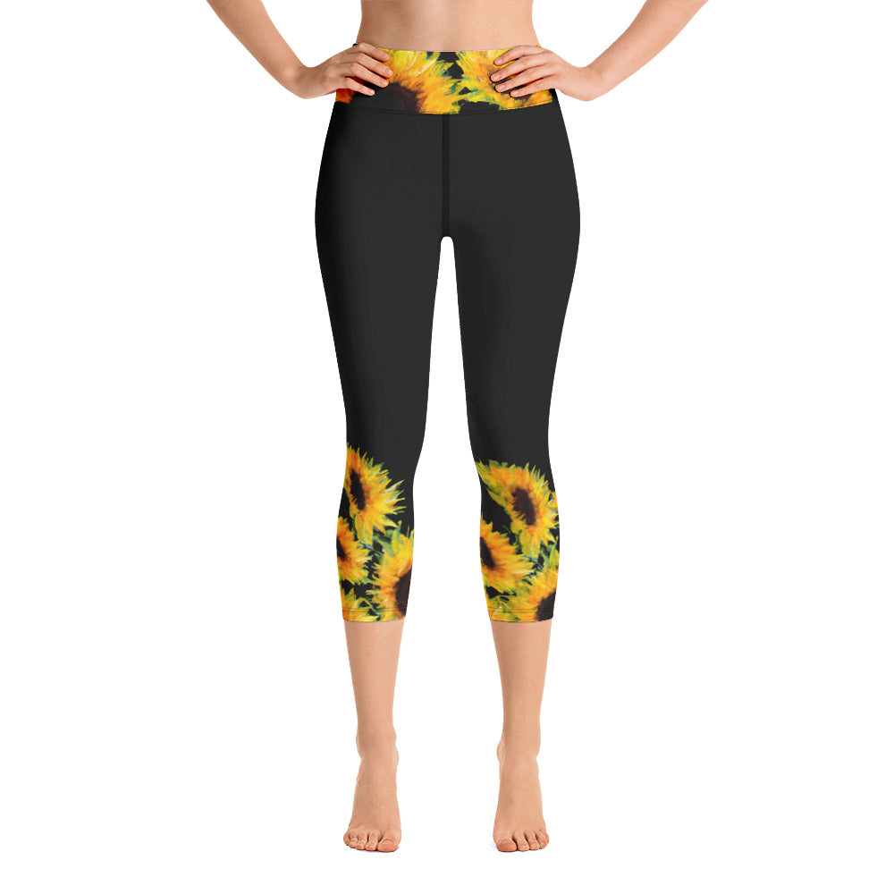 Sunflowers on Black | Women's Fine Art High-Waist Capris