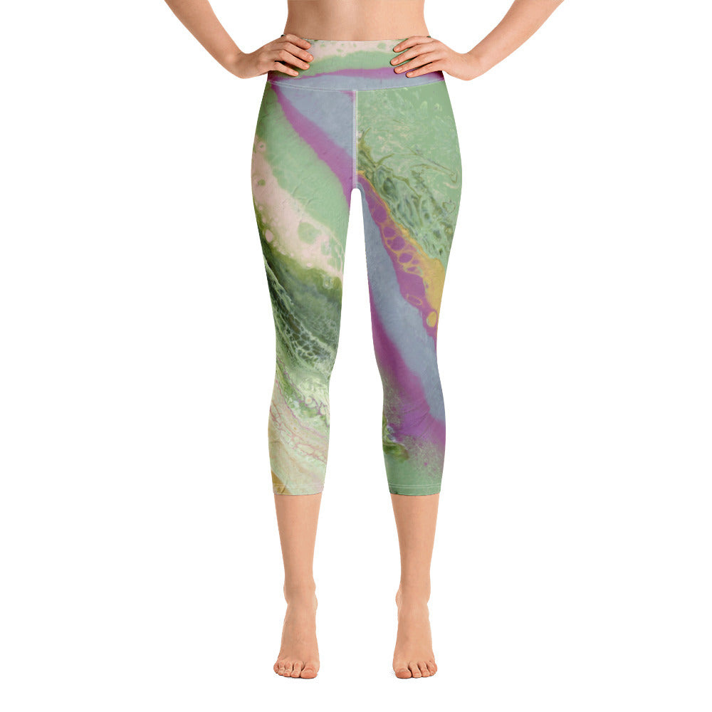 Fluid Blush & Green Diagonal | Women's Fine Art High-Waist Capris