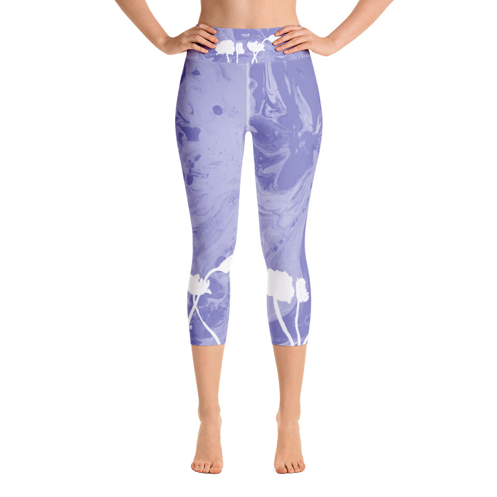 Fluid with White Flowers | Women's Fine Art High-Waist Capris