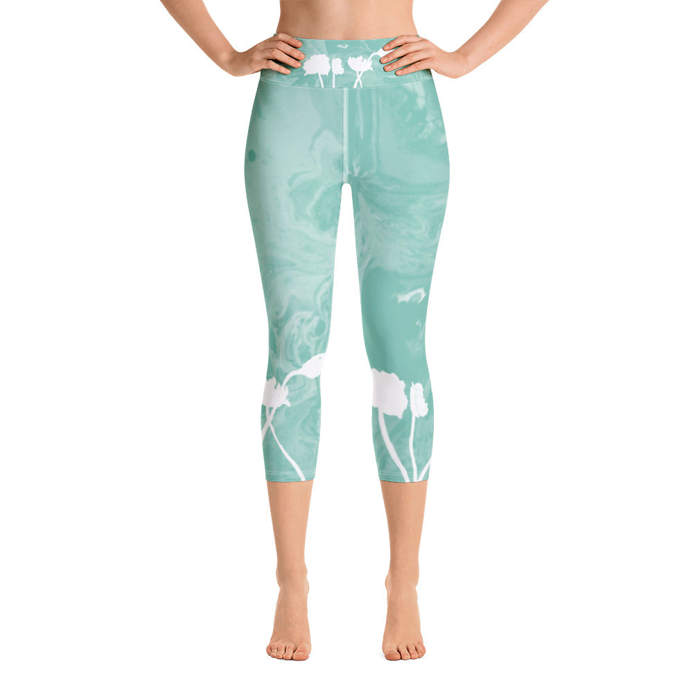 Fluid with White Flowers | Women's Fine Art High-Waist Capris