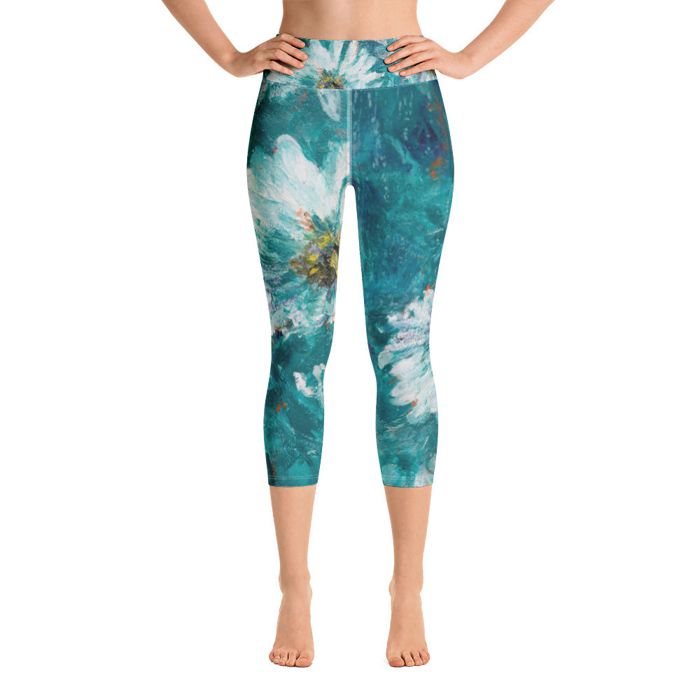 White Flowers on Turquoise | Women's Fine Art High-Waist Capris