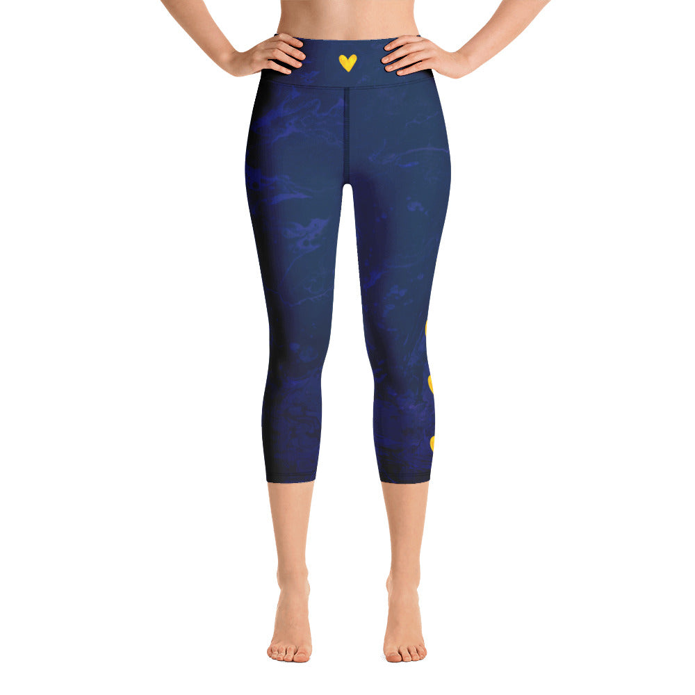 Fluid Navy with Yellow Hearts | Women's Fine Art High-Waist Capris