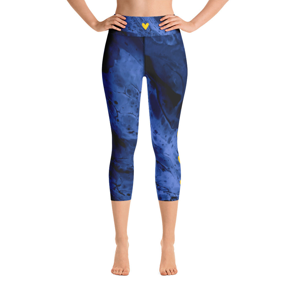Fluid Navy with Yellow Hearts | Women's Fine Art High-Waist Capris