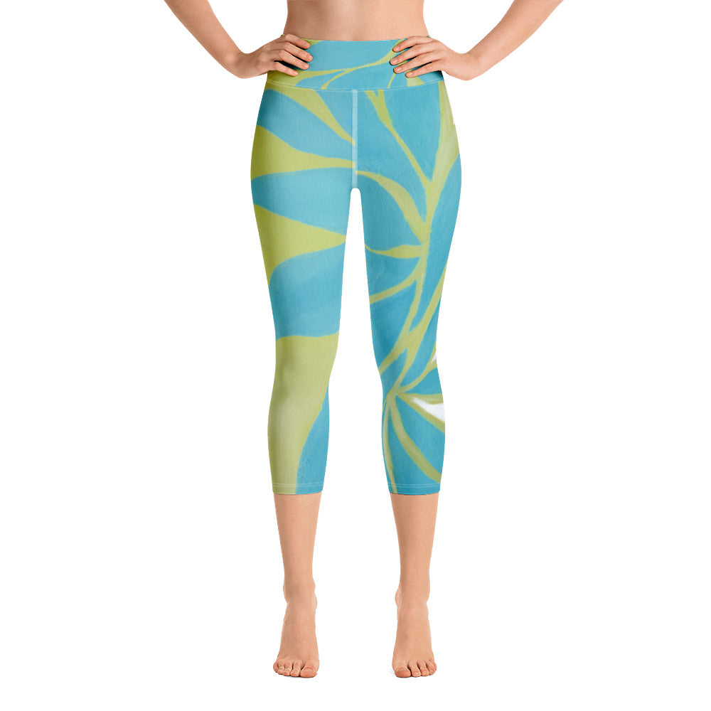 Turquoise & Green Leaves | Women's Fine Art High-Waist Capris