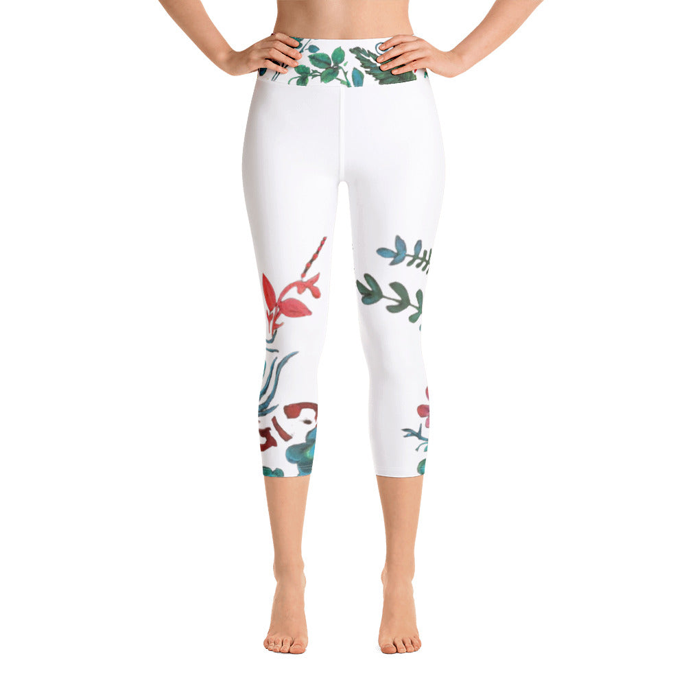 Flowers & More on White | Women's Fine Art High-Waist Capris