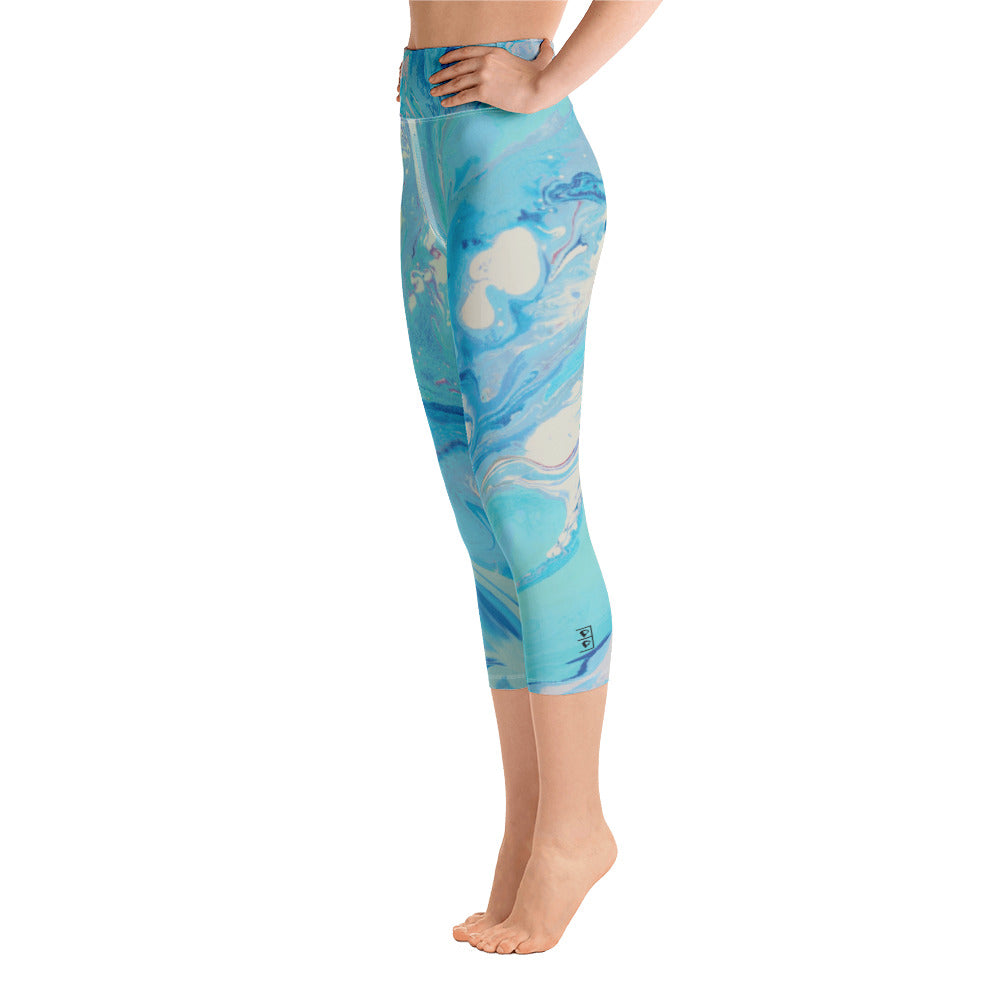 Fluid Light Blue and Grey | Women's Fine Art High-Waist Capris