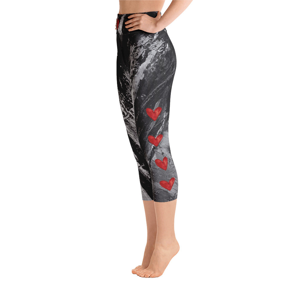 Heart Explosion Noir with Red Hearts | Women's Fine Art High-Waist Capris