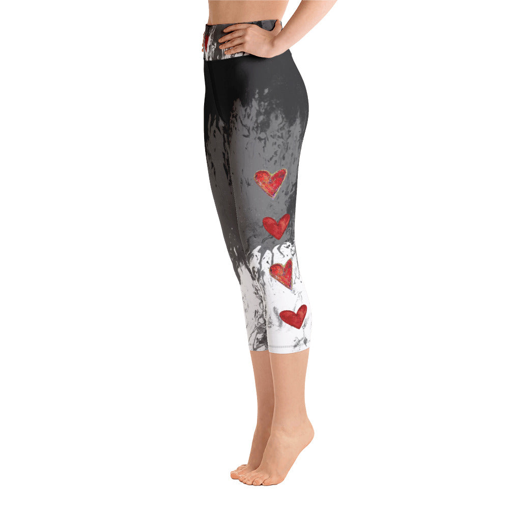 Fluid Mahogany Grey and White with Hearts | Women's Fine Art High-Waist Capris