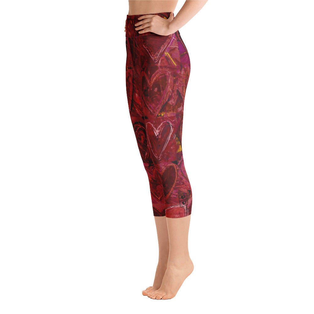 Hearts Without Borders Red and Dark Purple | Women's Fine Art High-Waist Capris