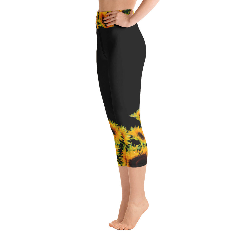Sunflowers on Black | Women's Fine Art High-Waist Capris