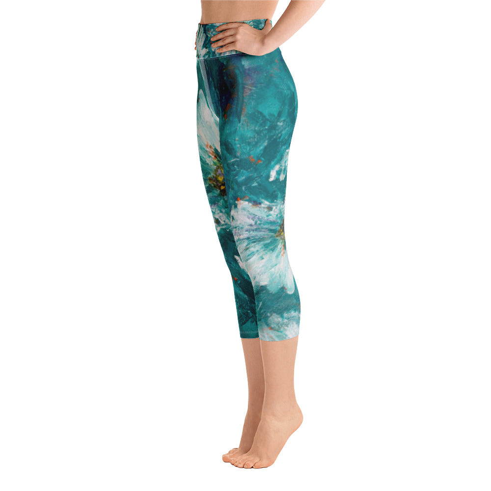 White Flowers on Turquoise | Women's Fine Art High-Waist Capris