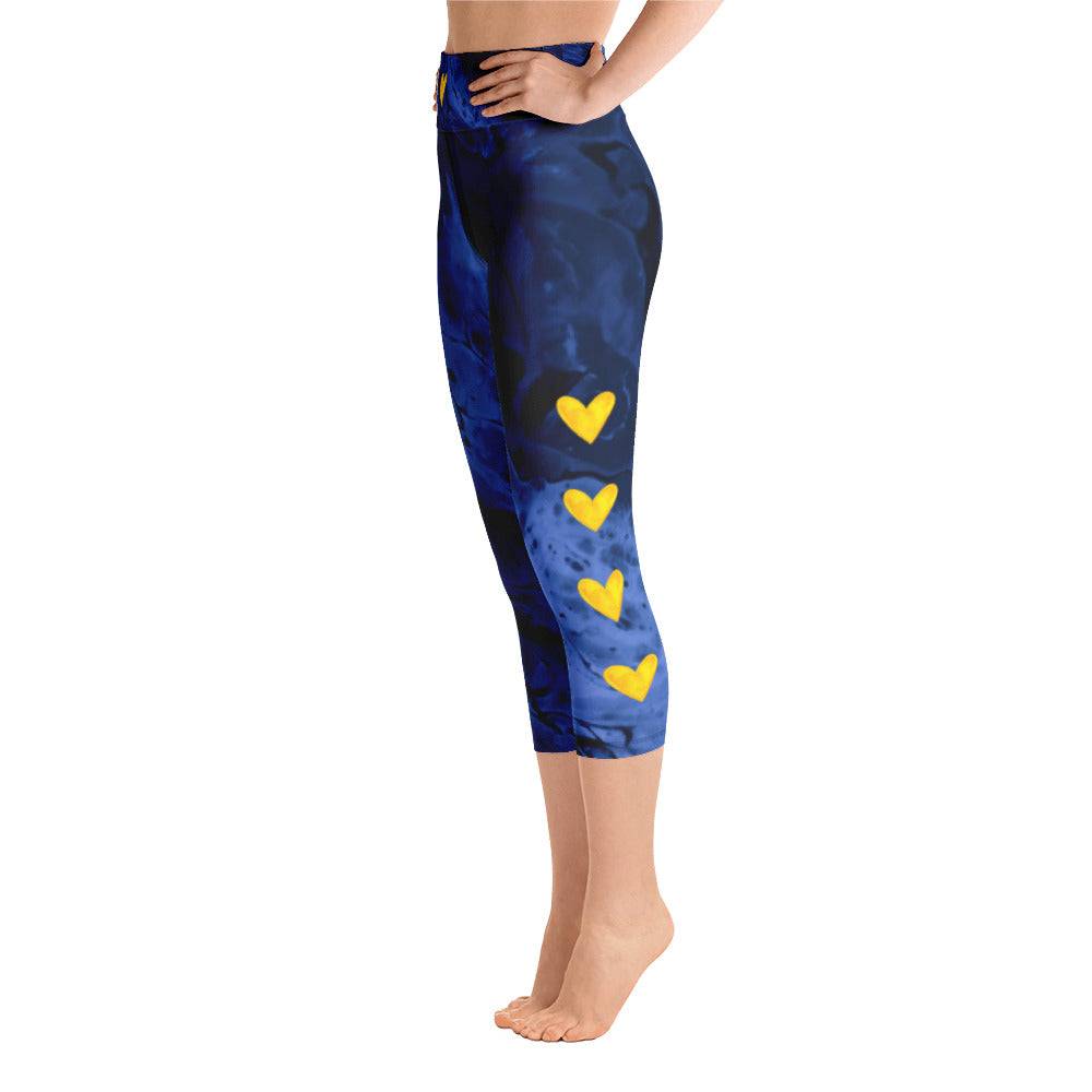 Fluid Navy with Yellow Hearts | Women's Fine Art High-Waist Capris