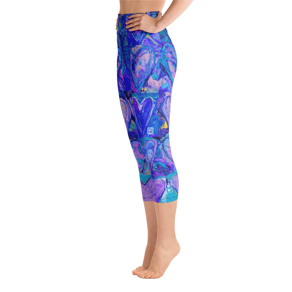 Hearts without Borders Blue & Red | Women's Fine Art High-Waist Capris