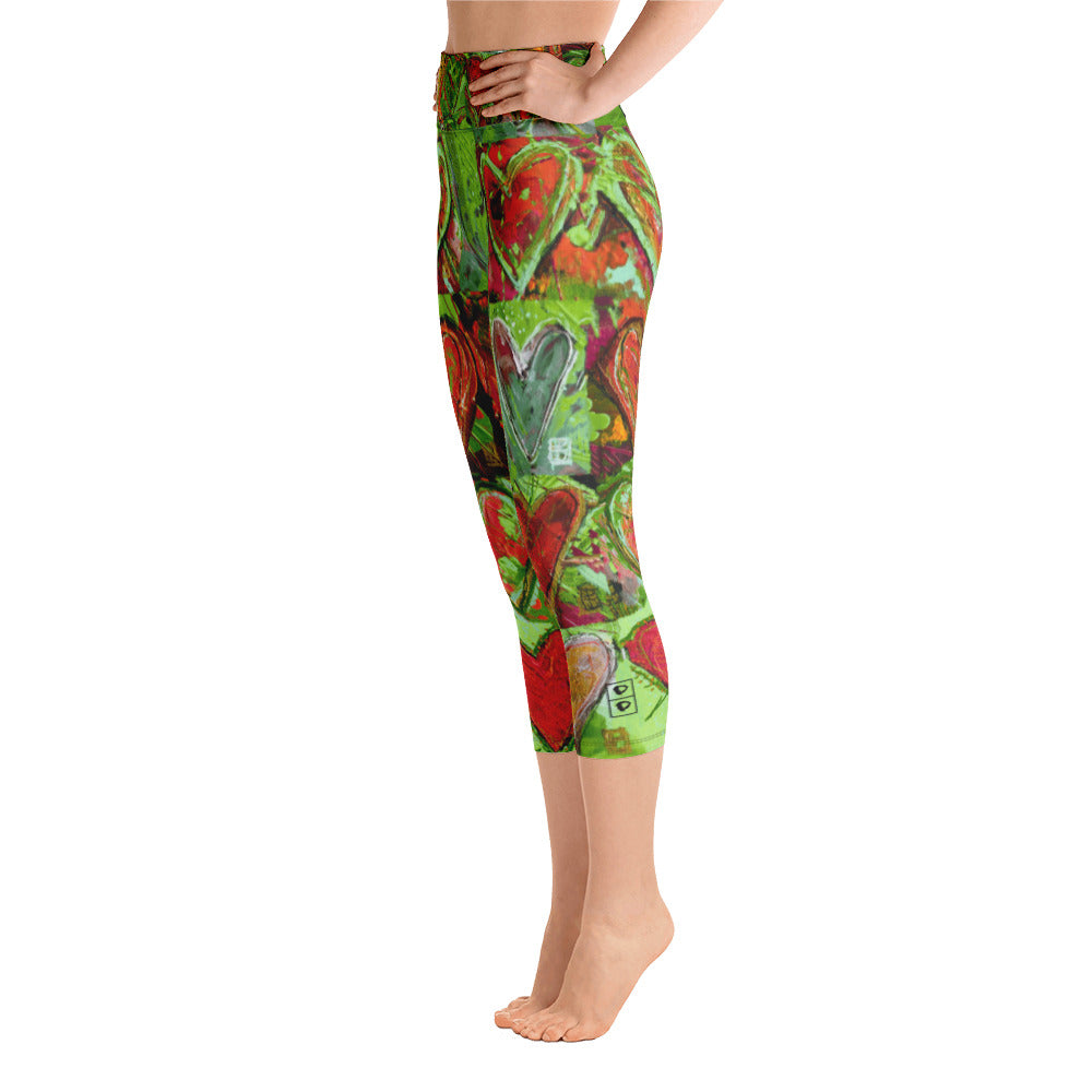 Hearts without Borders Red & Green | Women's Fine Art High-Waist Capris