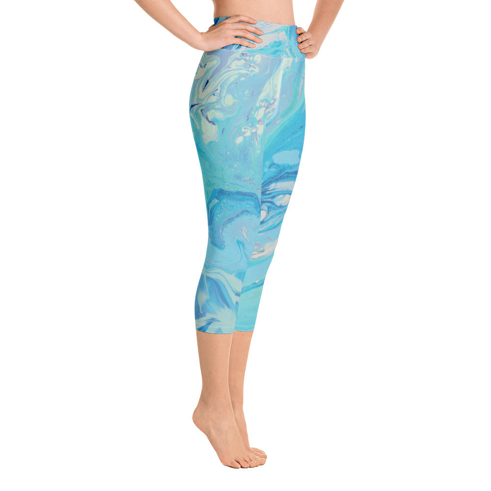 Fluid Light Blue and Grey | Women's Fine Art High-Waist Capris