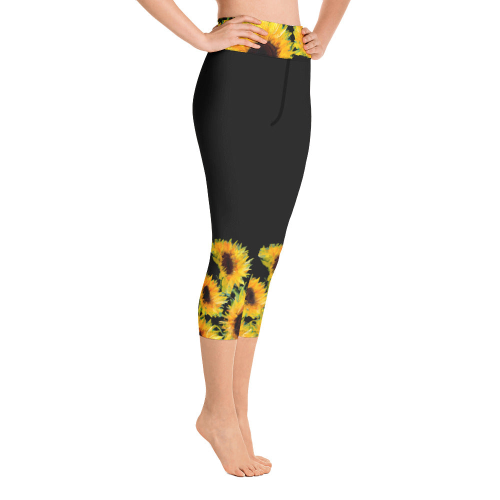 Sunflowers on Black | Women's Fine Art High-Waist Capris