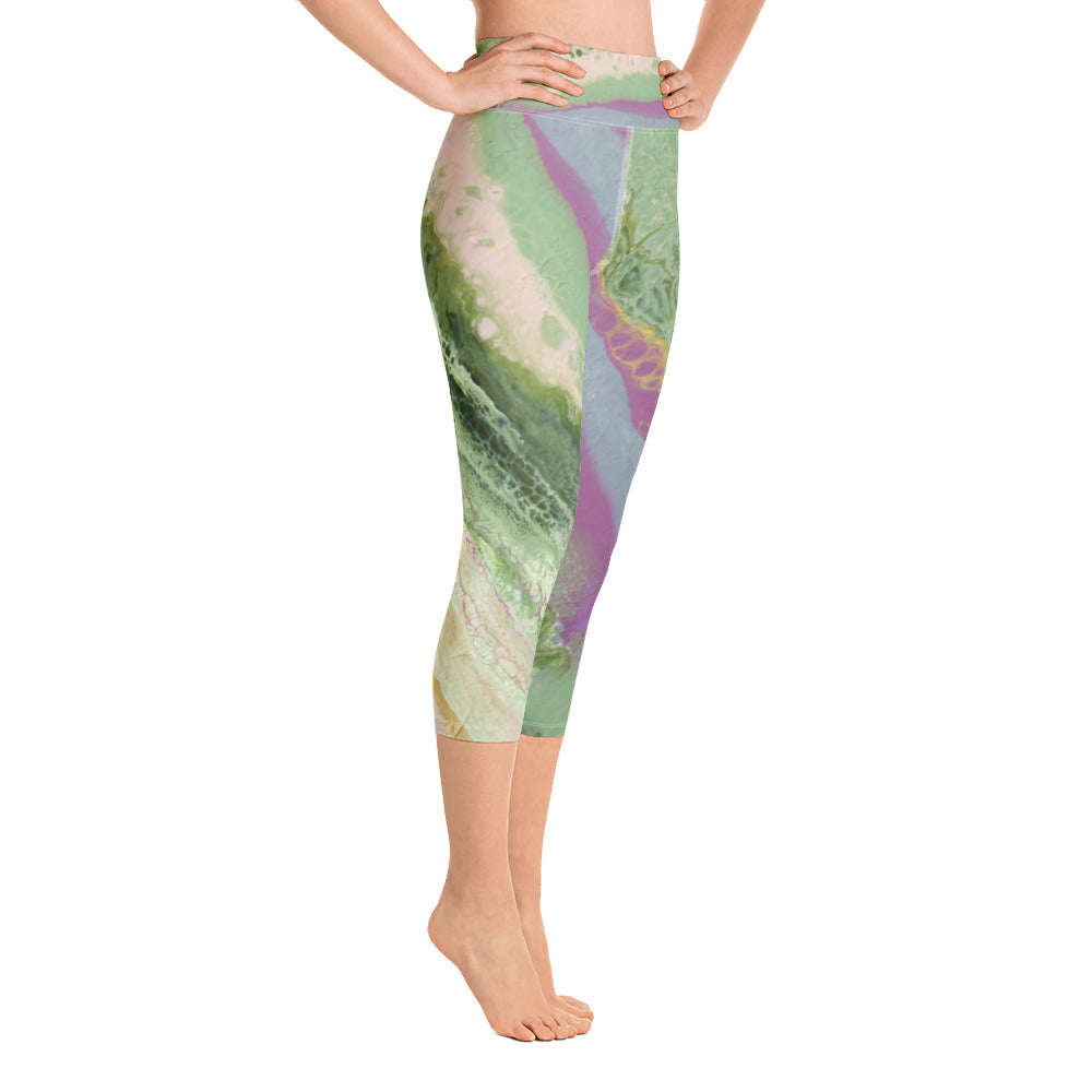 Fluid Blush & Green Diagonal | Women's Fine Art High-Waist Capris