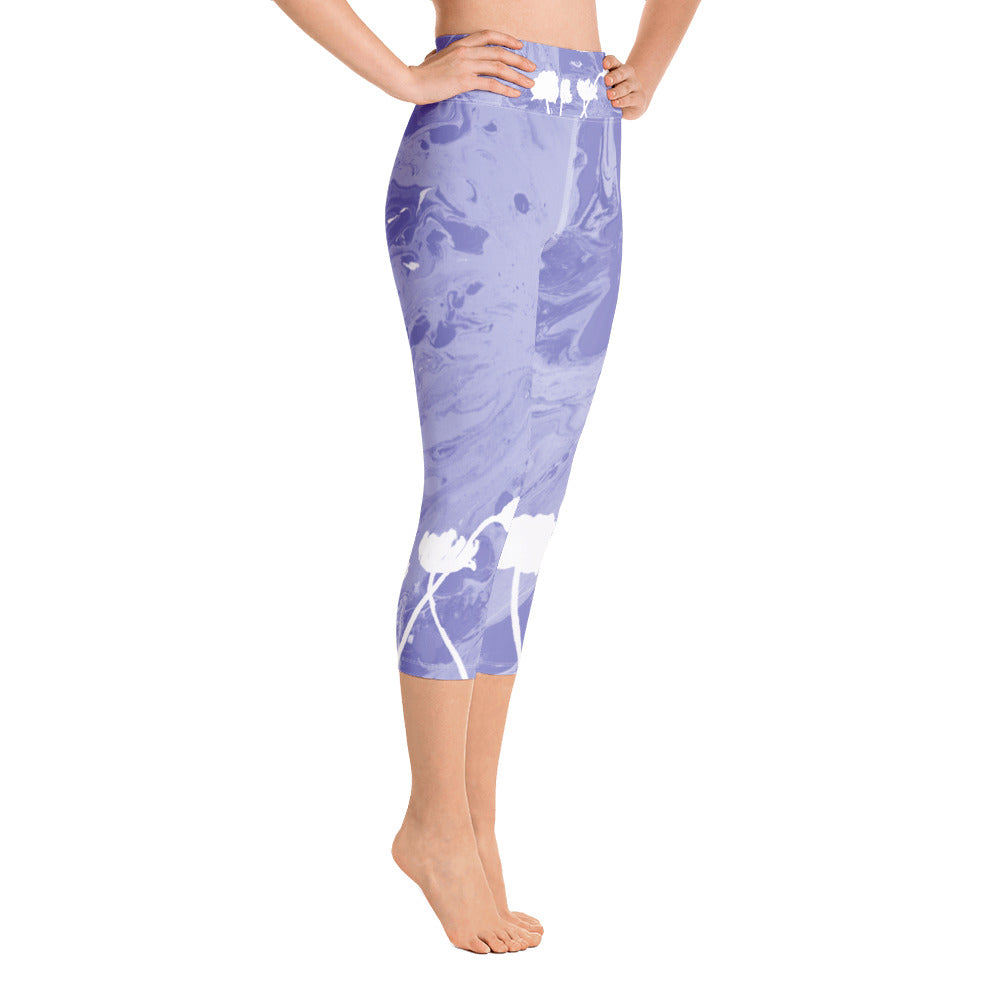 Fluid with White Flowers | Women's Fine Art High-Waist Capris