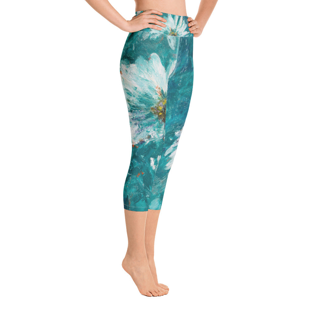White Flowers on Turquoise | Women's Fine Art High-Waist Capris