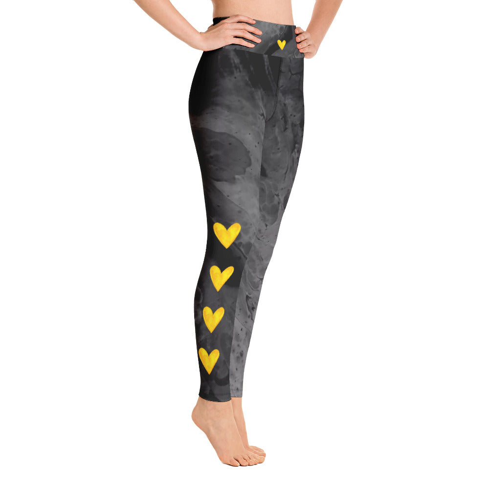 Optimism - Fluid Dark Grey with Yellow Hearts | Women's Fine Art High-Waist Leggings