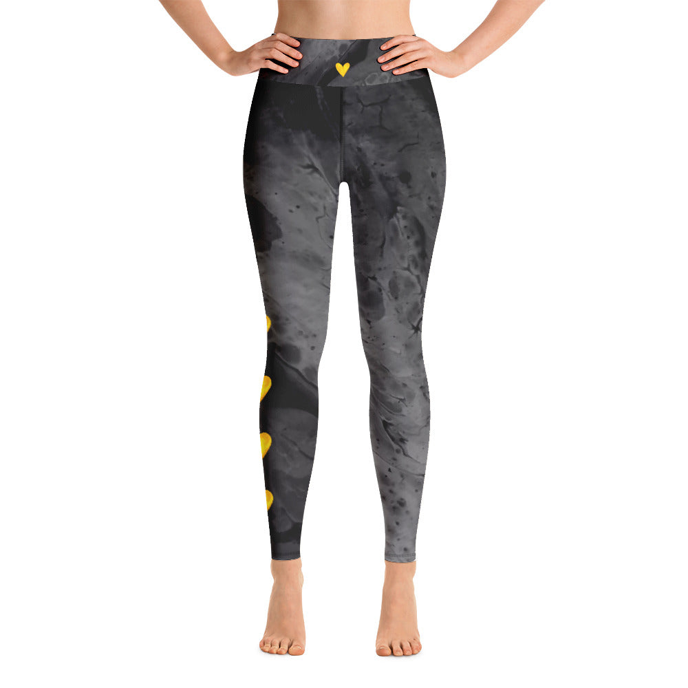 Optimism - Fluid Dark Grey with Yellow Hearts | Women's Fine Art High-Waist Leggings