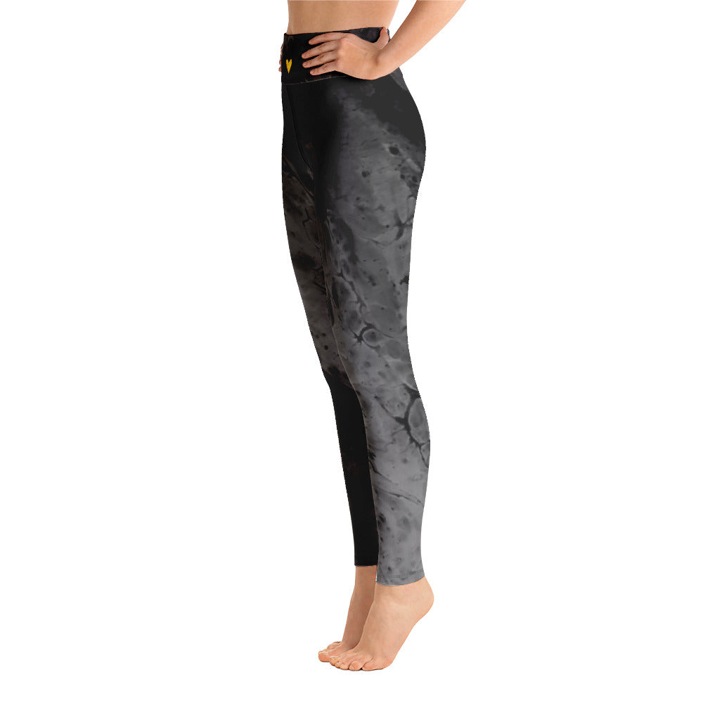 Optimism - Fluid Dark Grey with Yellow Hearts | Women's Fine Art High-Waist Leggings