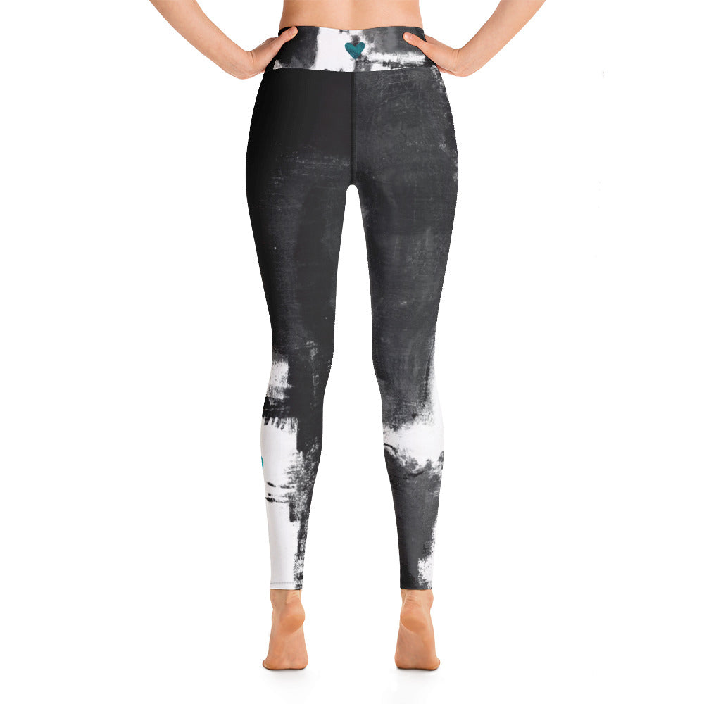 Abstract Woman Black and White with Turquoise Hearts | Women's Fine Art High-Waist Leggings