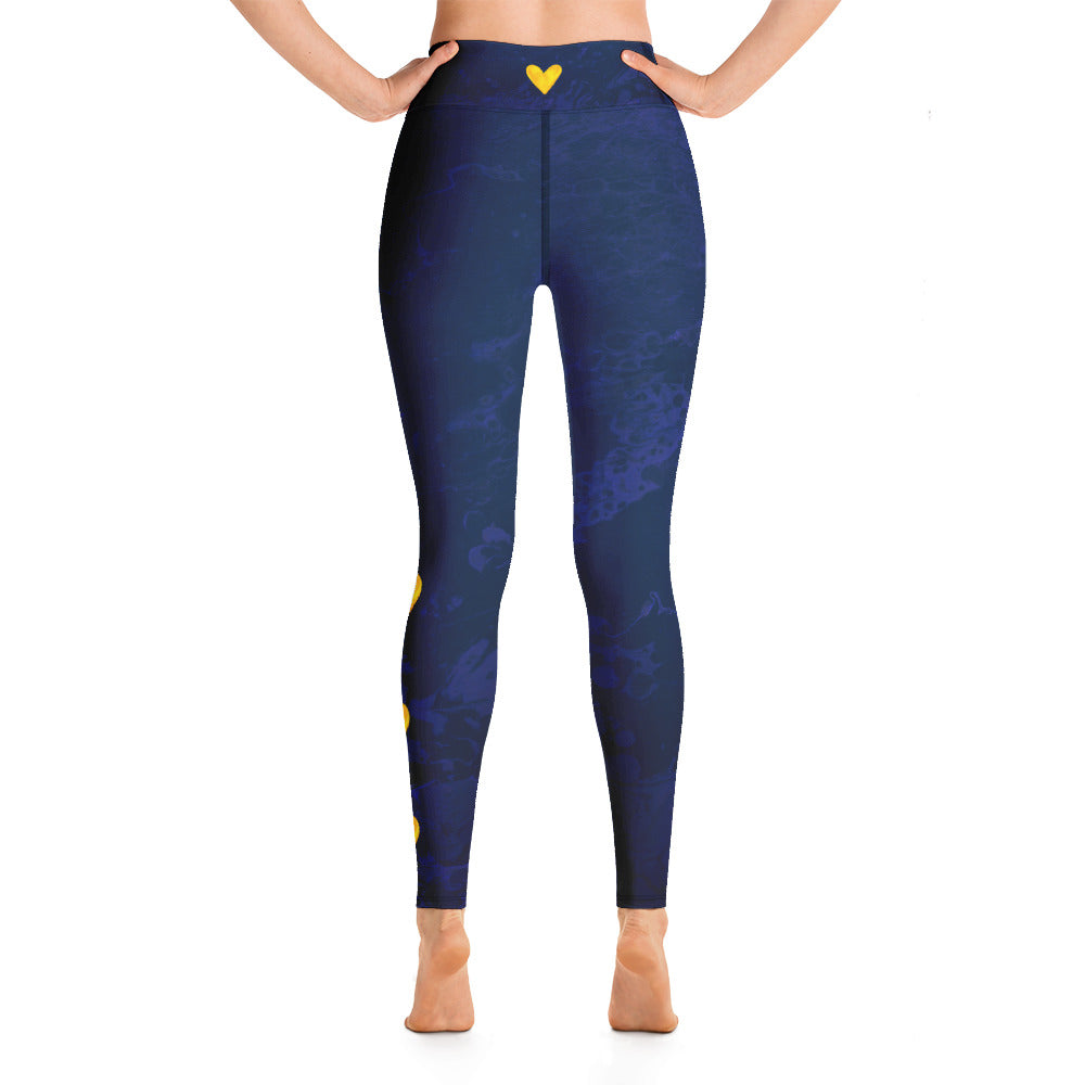 Fluid Navy with Yellow Hearts | Women's Fine Art High-Waist Leggings