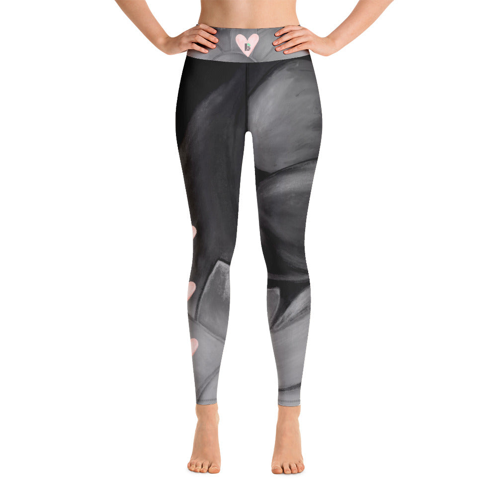 Flower on Grey with Blush Hearts BBBS | Women's Fine Art High-Waist Leggings