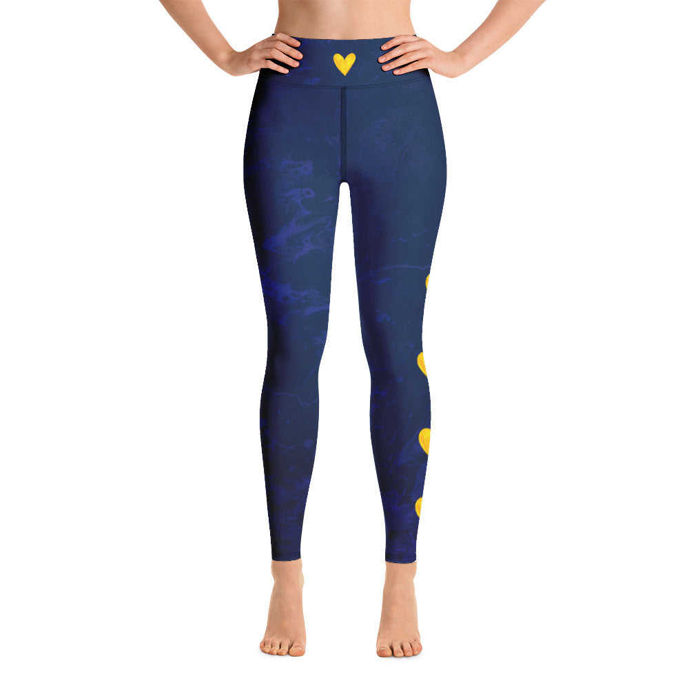 Fluid Navy with Yellow Hearts | Women's Fine Art High-Waist Leggings