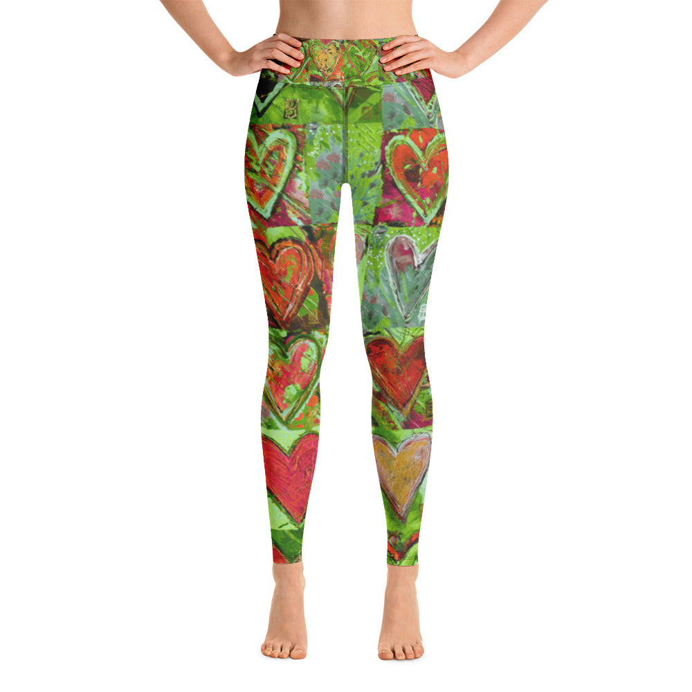 Hearts without Borders Red & Green | Women's Fine Art High-Waist Leggings