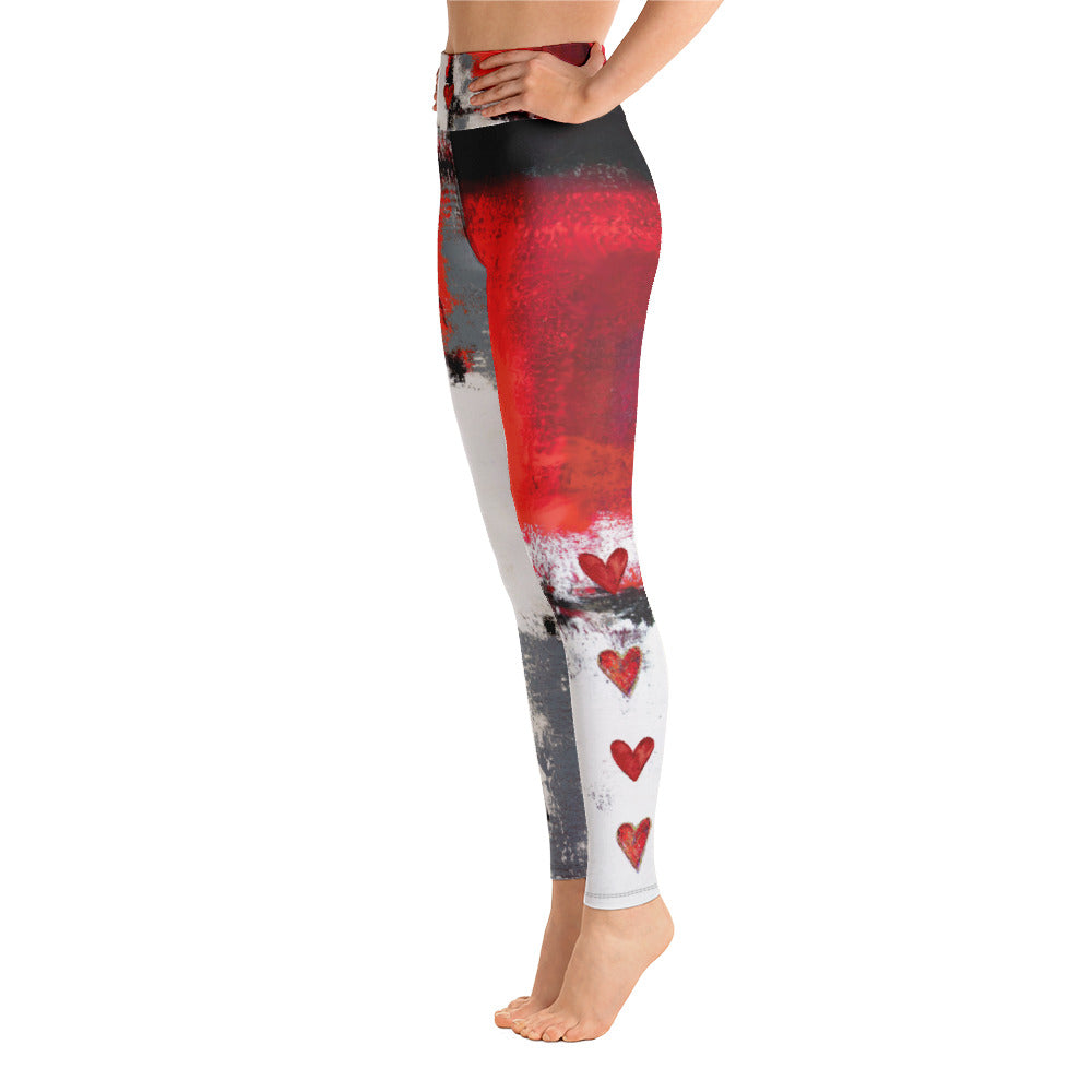 Abstract Woman Red and Grey with Red Hearts | Women's Fine Art High-Waist Leggings