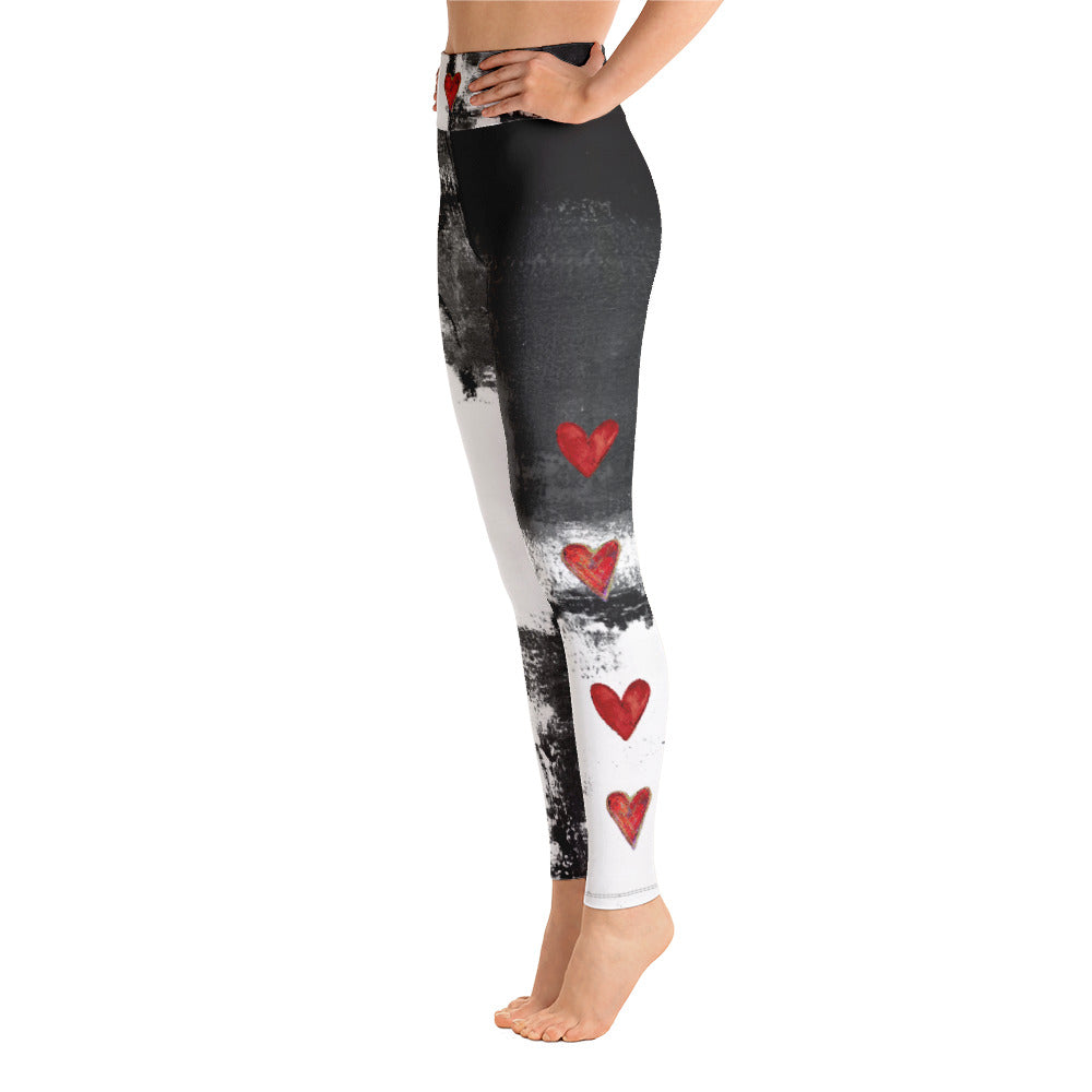 Abstract Woman Black and White with Red Hearts | Women's Fine Art High-Waist Leggings