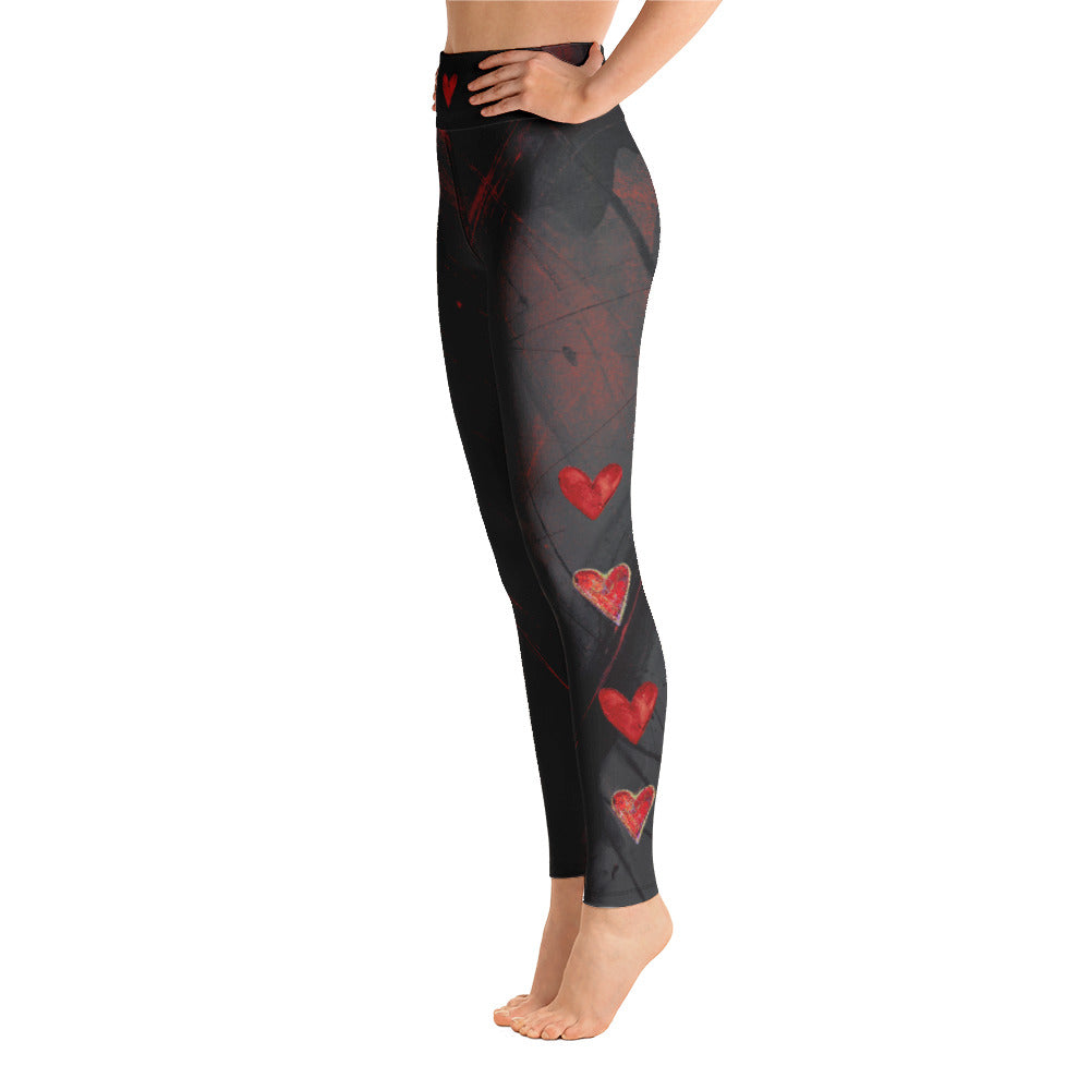 Heart of Color Black with Red Hearts | Women's Fine Art High-Waist Leggings