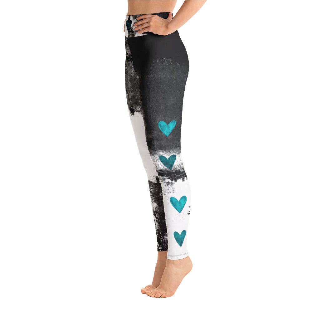 Abstract Woman Black and White with Turquoise Hearts | Women's Fine Art High-Waist Leggings