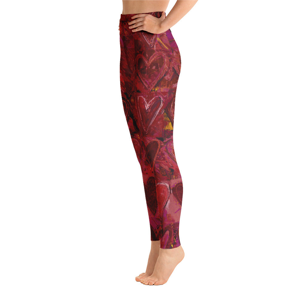 Hearts Without Borders Red and Dark Purple | Women's Fine Art High-Waist Leggings