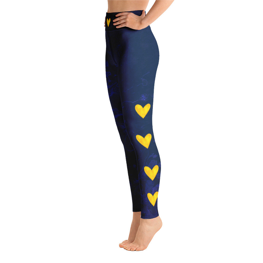 Fluid Navy with Yellow Hearts | Women's Fine Art High-Waist Leggings
