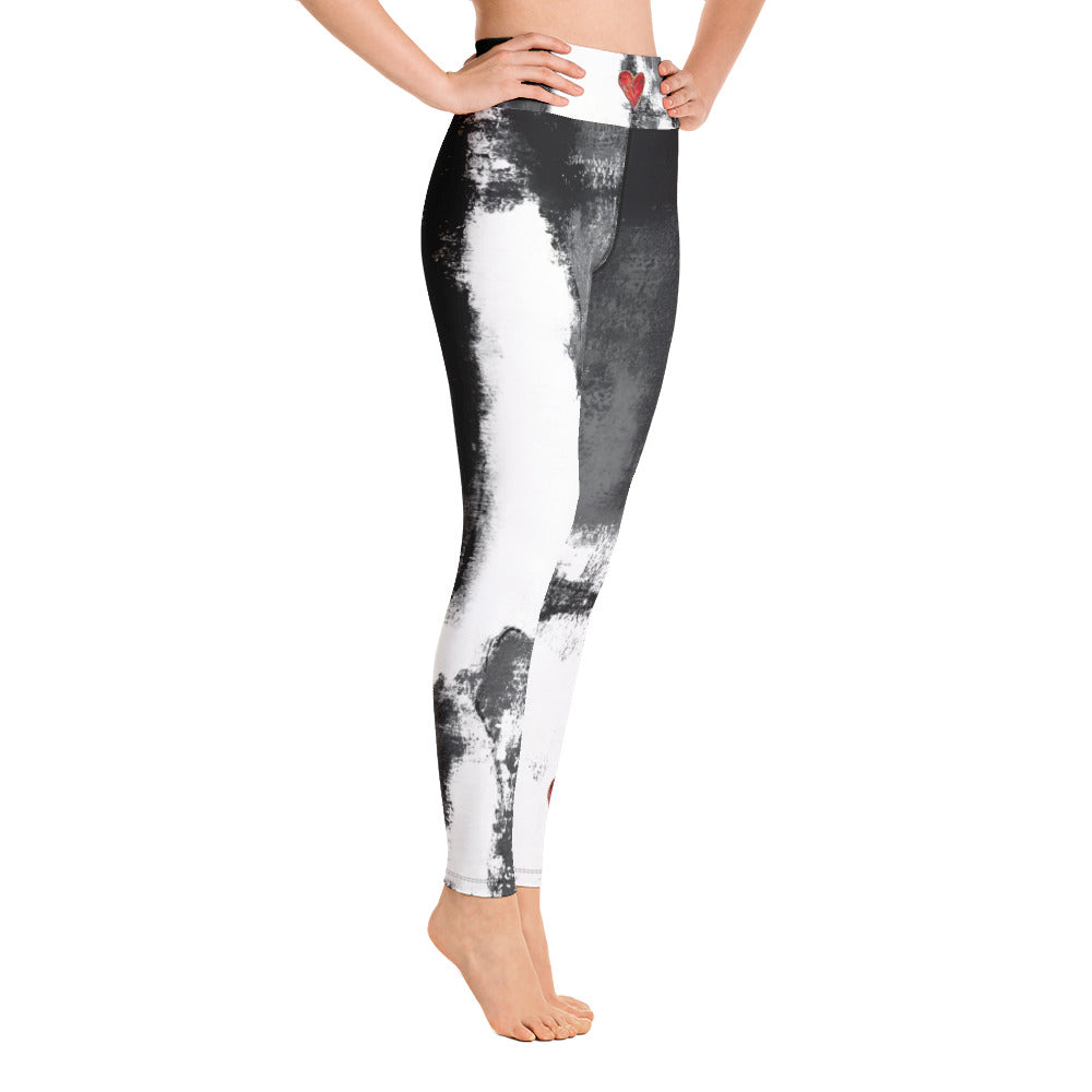 Abstract Woman Black and White with Red Hearts | Women's Fine Art High-Waist Leggings