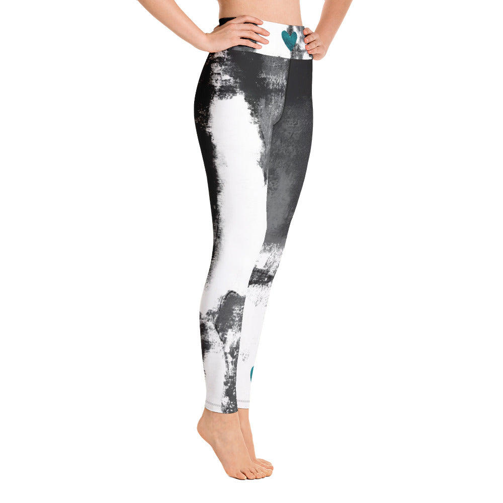 Abstract Woman Black and White with Turquoise Hearts | Women's Fine Art High-Waist Leggings