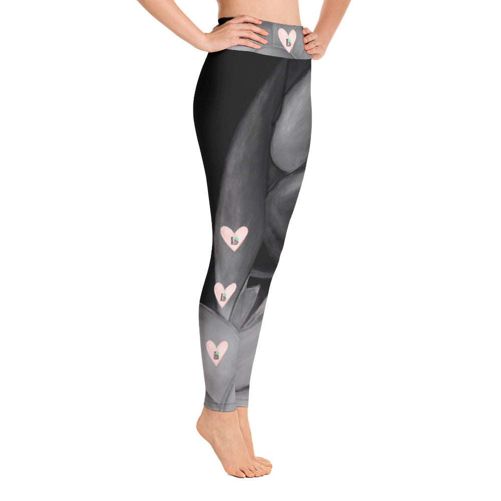 Flower on Grey with Blush Hearts BBBS | Women's Fine Art High-Waist Leggings