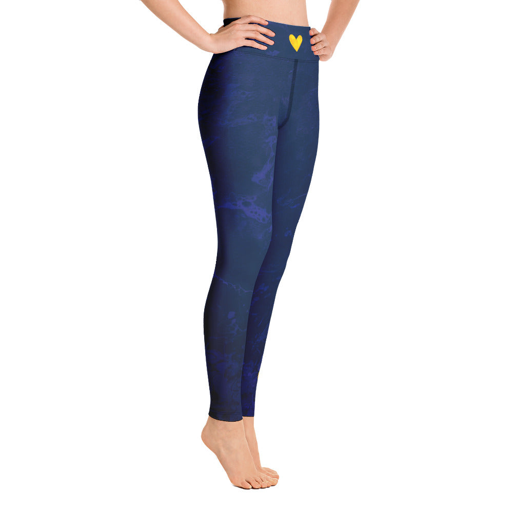 Fluid Navy with Yellow Hearts | Women's Fine Art High-Waist Leggings