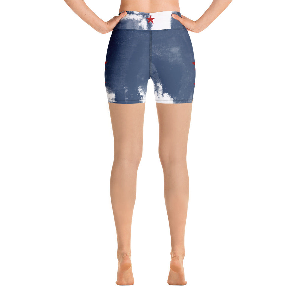 "Independence - Blue and White with Red Stars" Yoga Shorts