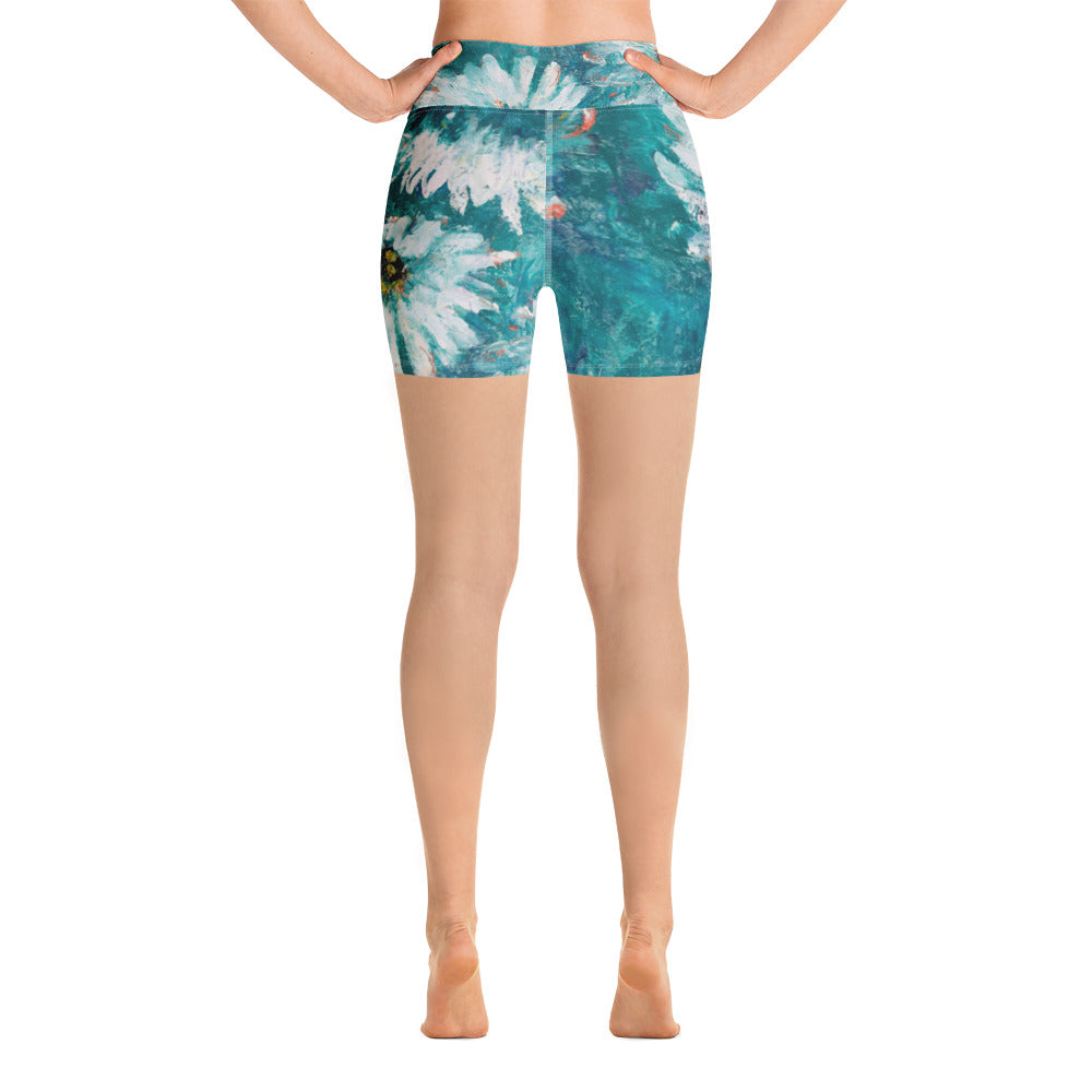 "White Flowers on Turquoise" Yoga Shorts