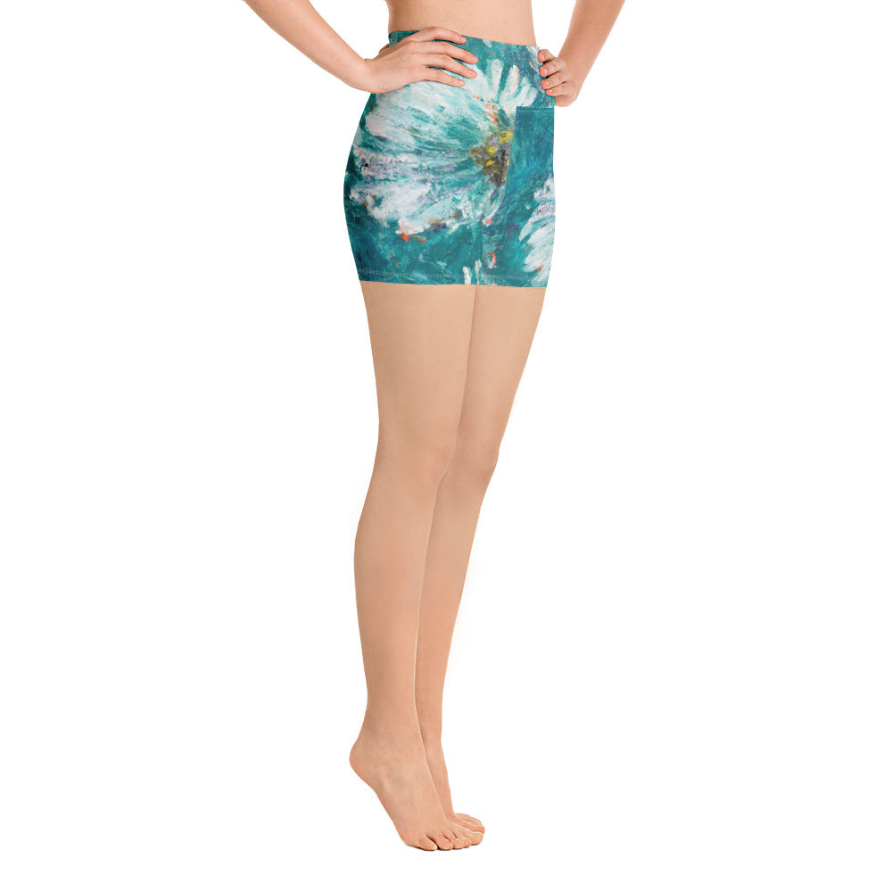 "White Flowers on Turquoise" Yoga Shorts