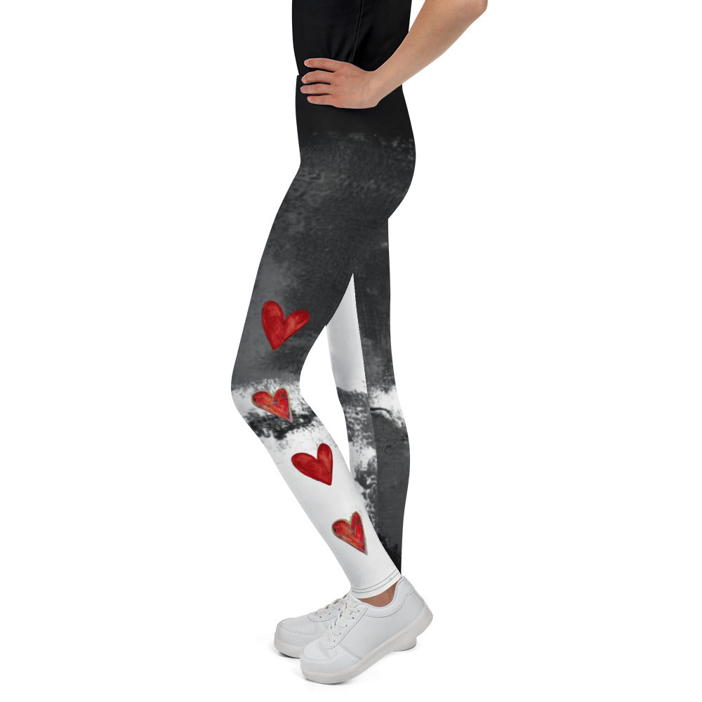 "Abstract Woman Black and White with Red Hearts" Kids Leggings
