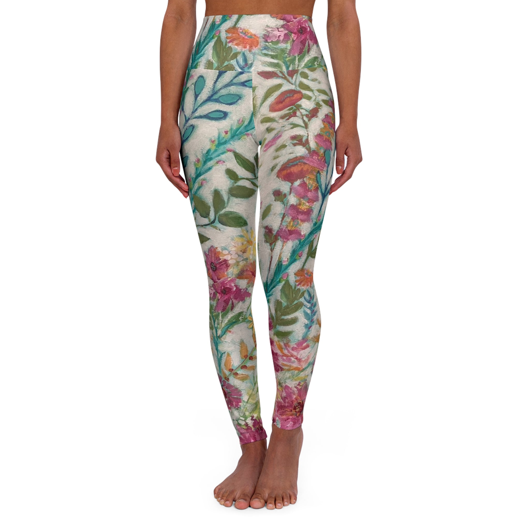 Flower Garden on Cream High-Waist Leggings