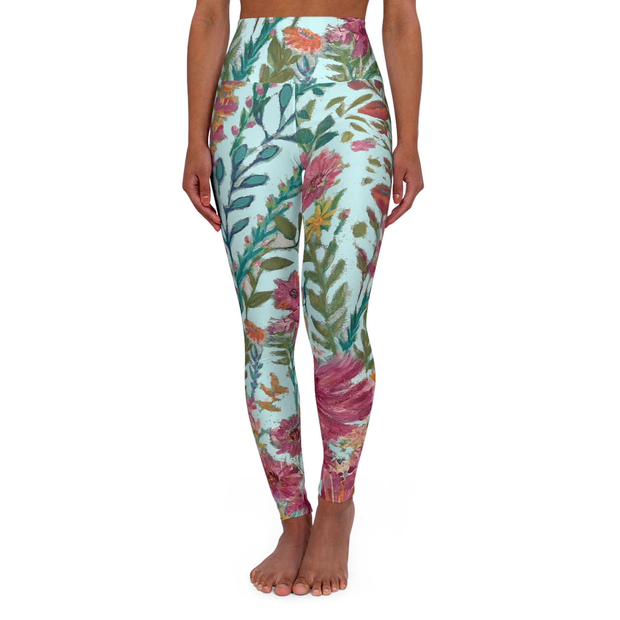 Flower Garden on Light Cyan Blue High Waisted Leggings