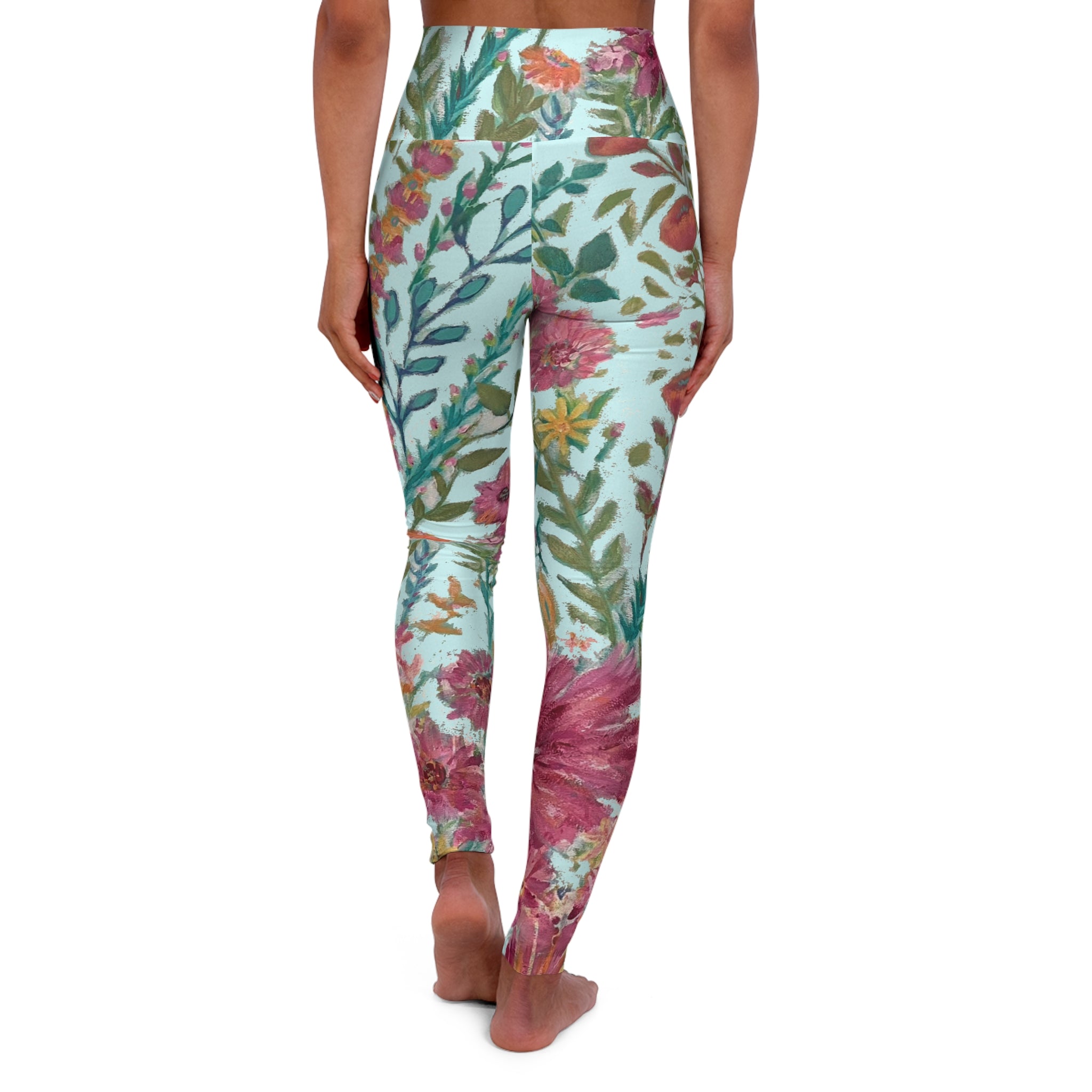 Flower Garden on Light Cyan Blue High Waisted Leggings