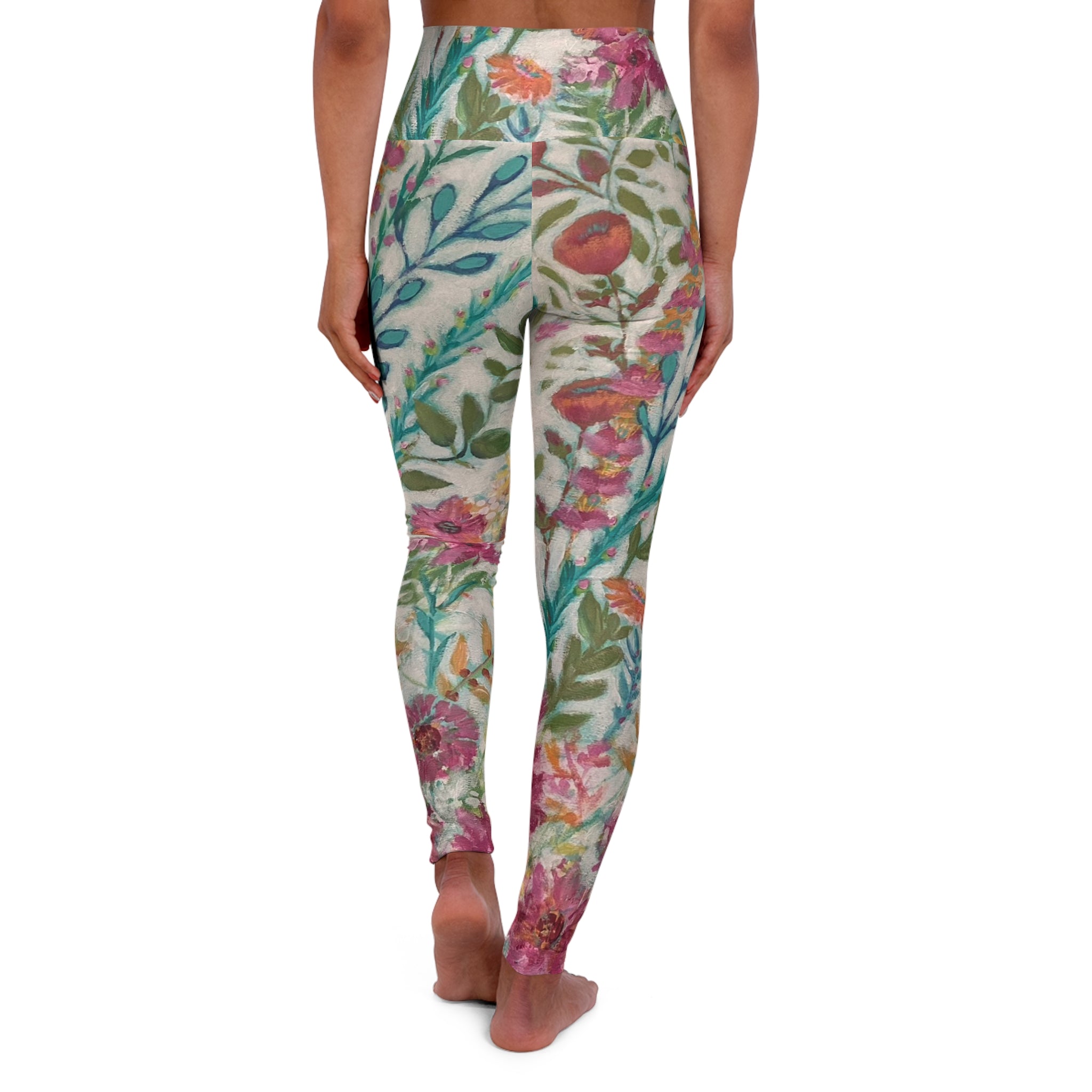 Flower Garden on Cream High-Waist Leggings
