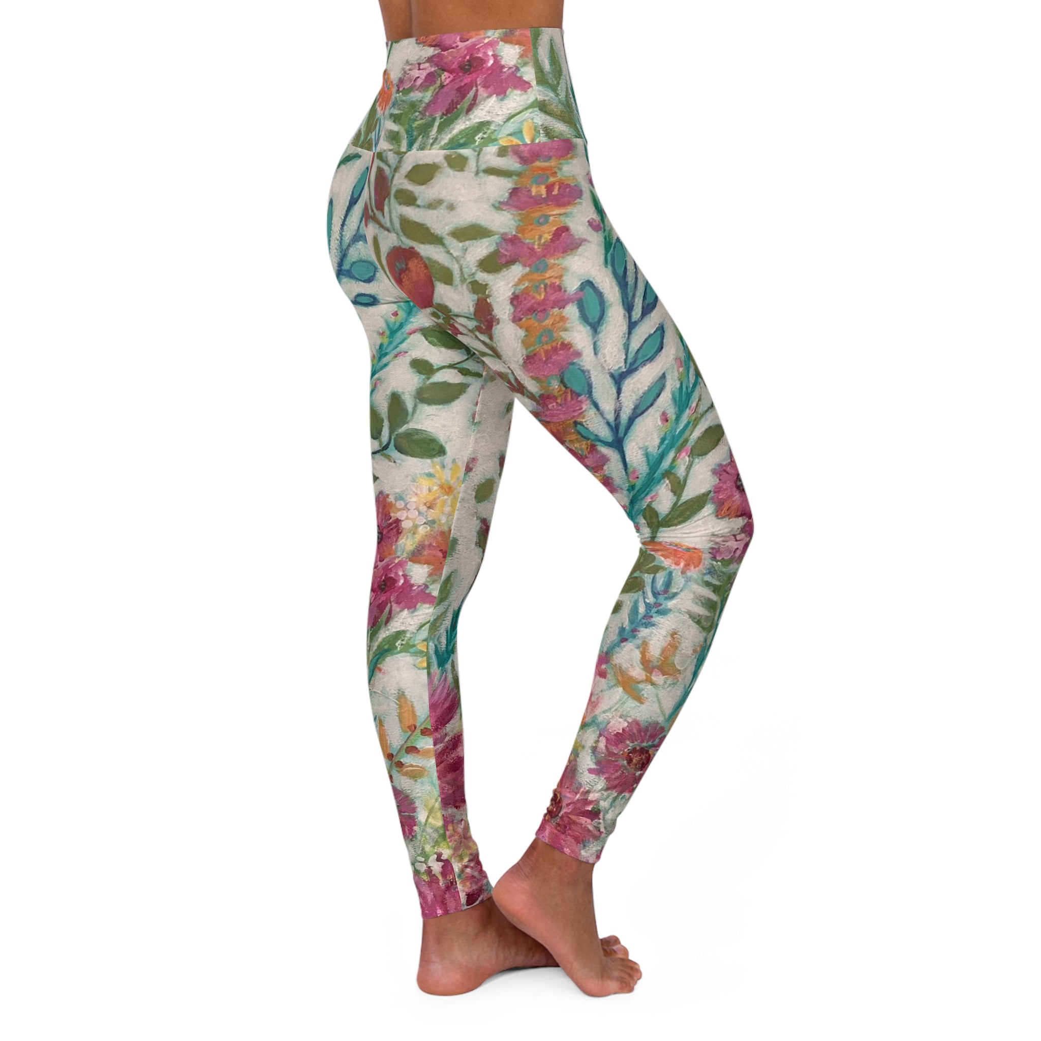 Flower Garden on Cream High-Waist Leggings